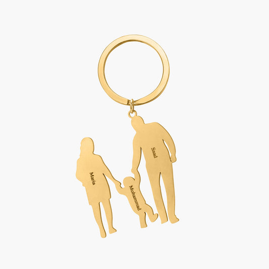 Gold custom 3-figure family keychain from mySite showing personalized family figures on a keyring.