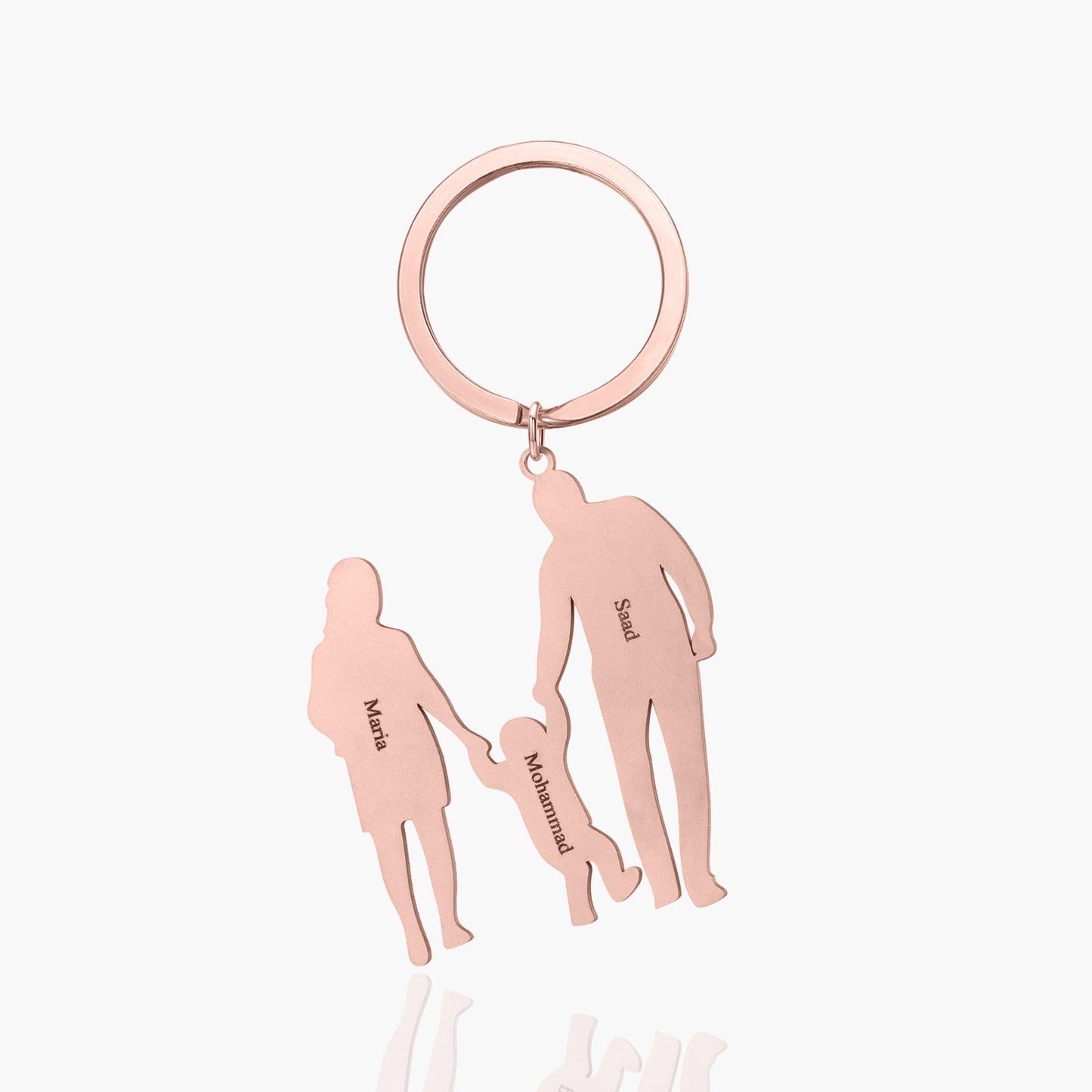 Custom 3-figure family keychain with personalized family figures on a silver keyring, crafted by mySite.