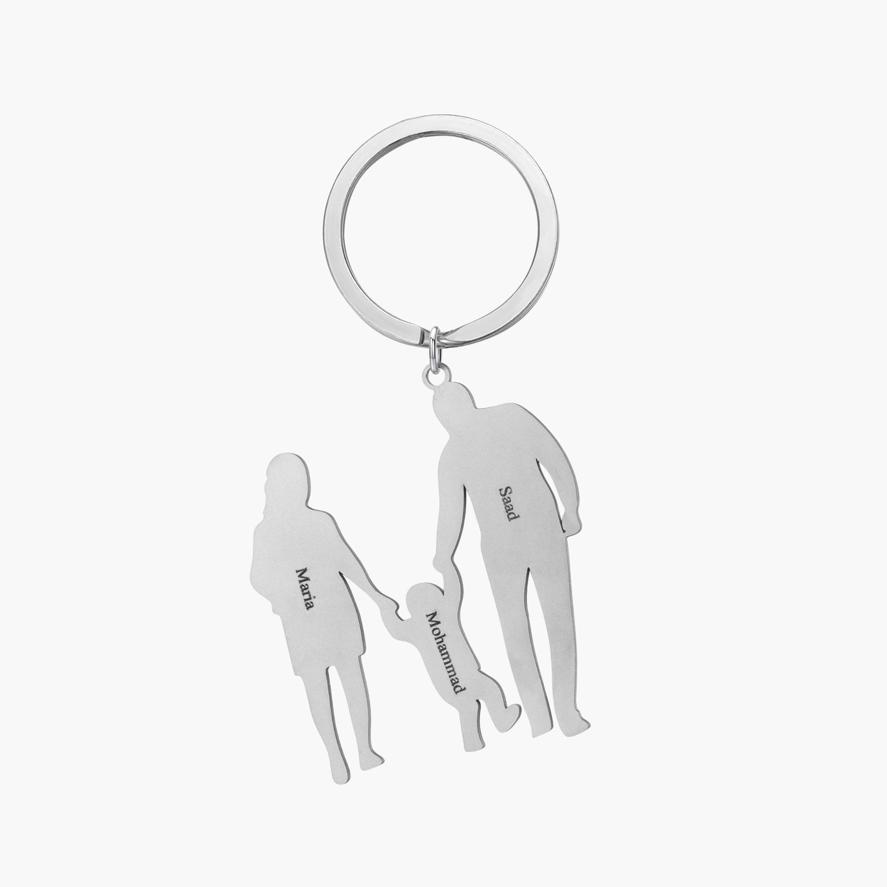 Silver custom 3-figure family keychain with personalized figures, perfect for showcasing family bonds and key organization.