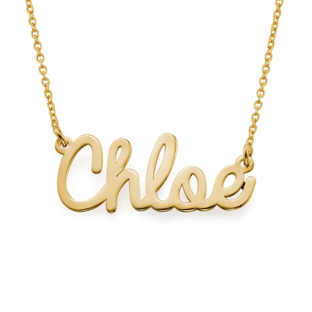 Personalized cursive name necklace in 18k gold plating by ismijewels, featuring a delicate chain and custom name pendant.